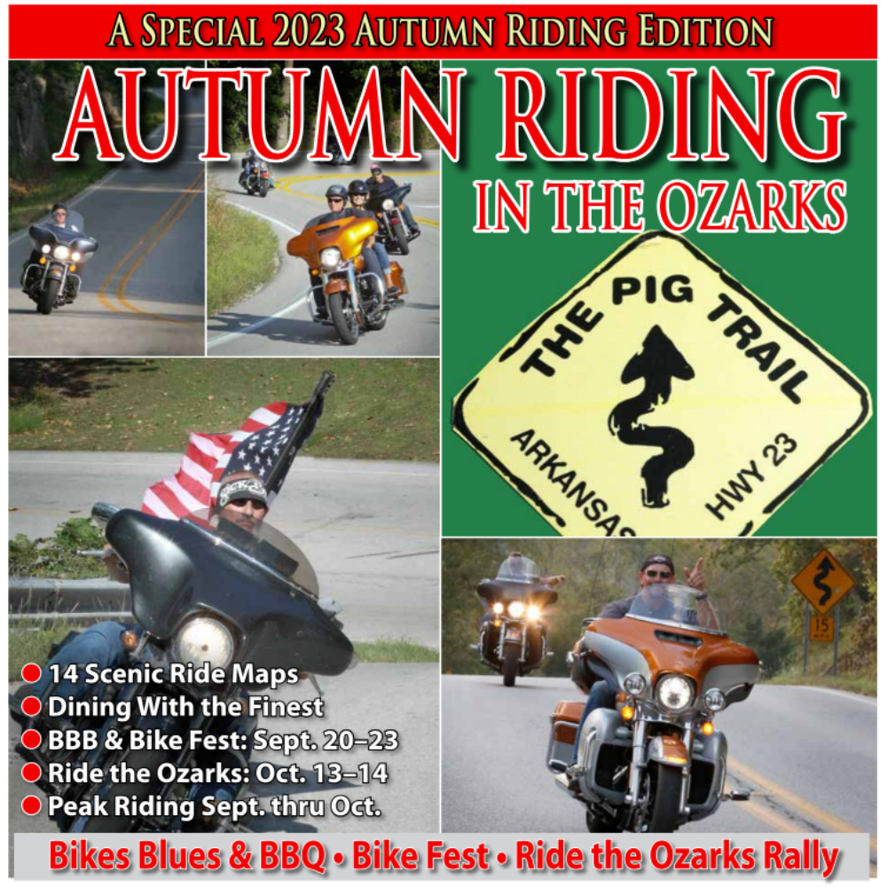 Front cover of 2023 Autumn Riding in the Ozarks motorcycle ride guide