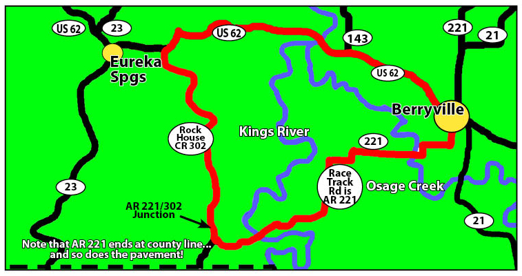 AR Hwy. 221S is a fantastic, Butler Maps â€œGold Roadâ€�. If you ignored it you would be missing out. Stretch from Berryville to the Madison County line, it has been dubbed 'Race Track Road' by area riders.